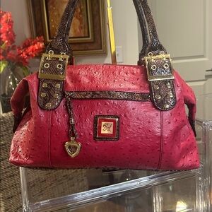 Sharif Red & Brown Ostrich Embossed Leather Satchel 14”x 9.5”x 3.5” EUC